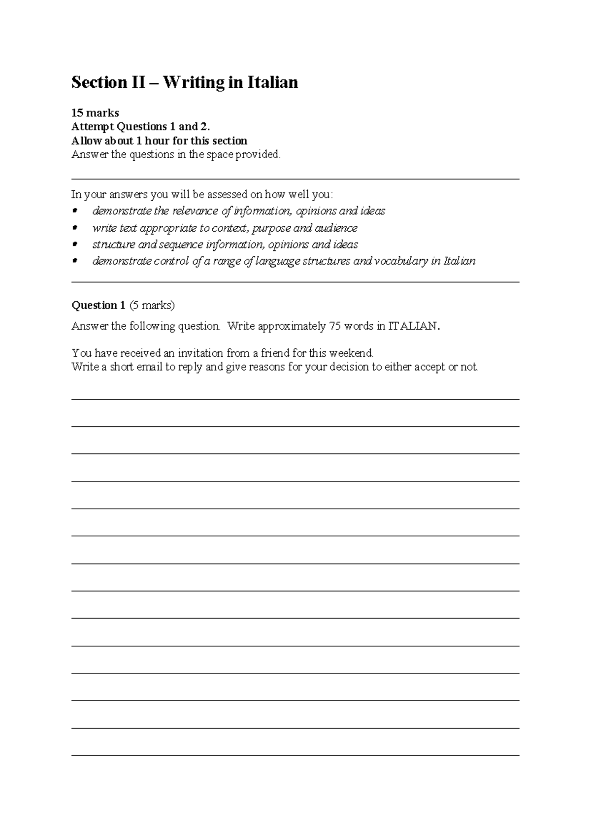 Writing Tasks 1 - Section II Italian Exam (15 Marks) - Studocu