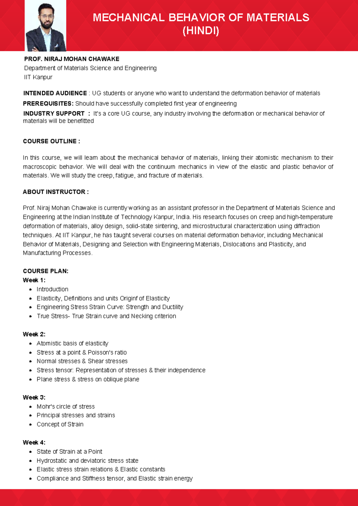 Syllabus for MECHANICAL BEHAVIOR OF MATERIALS (HINDI) - UG Course - Studocu