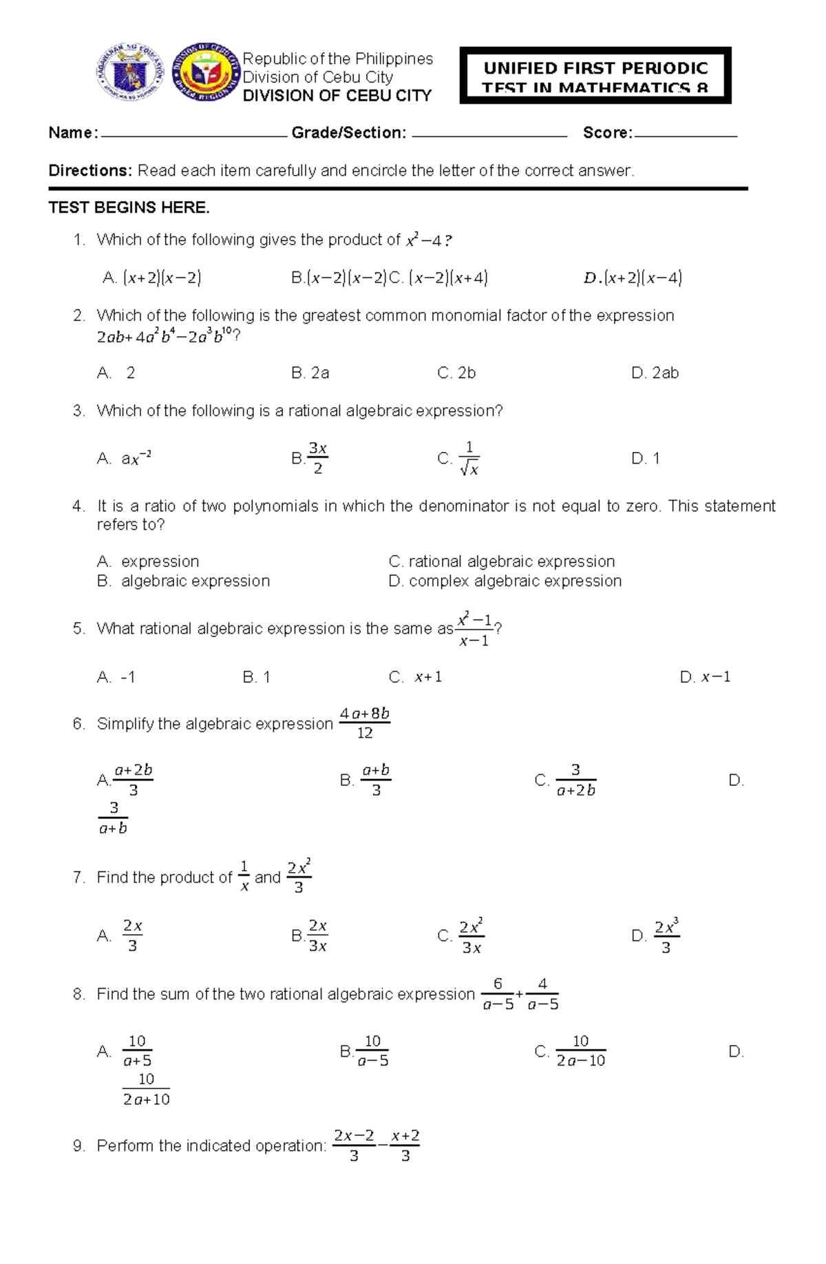 MATH 8 Unified First Periodic Test with Answer Key - Studocu