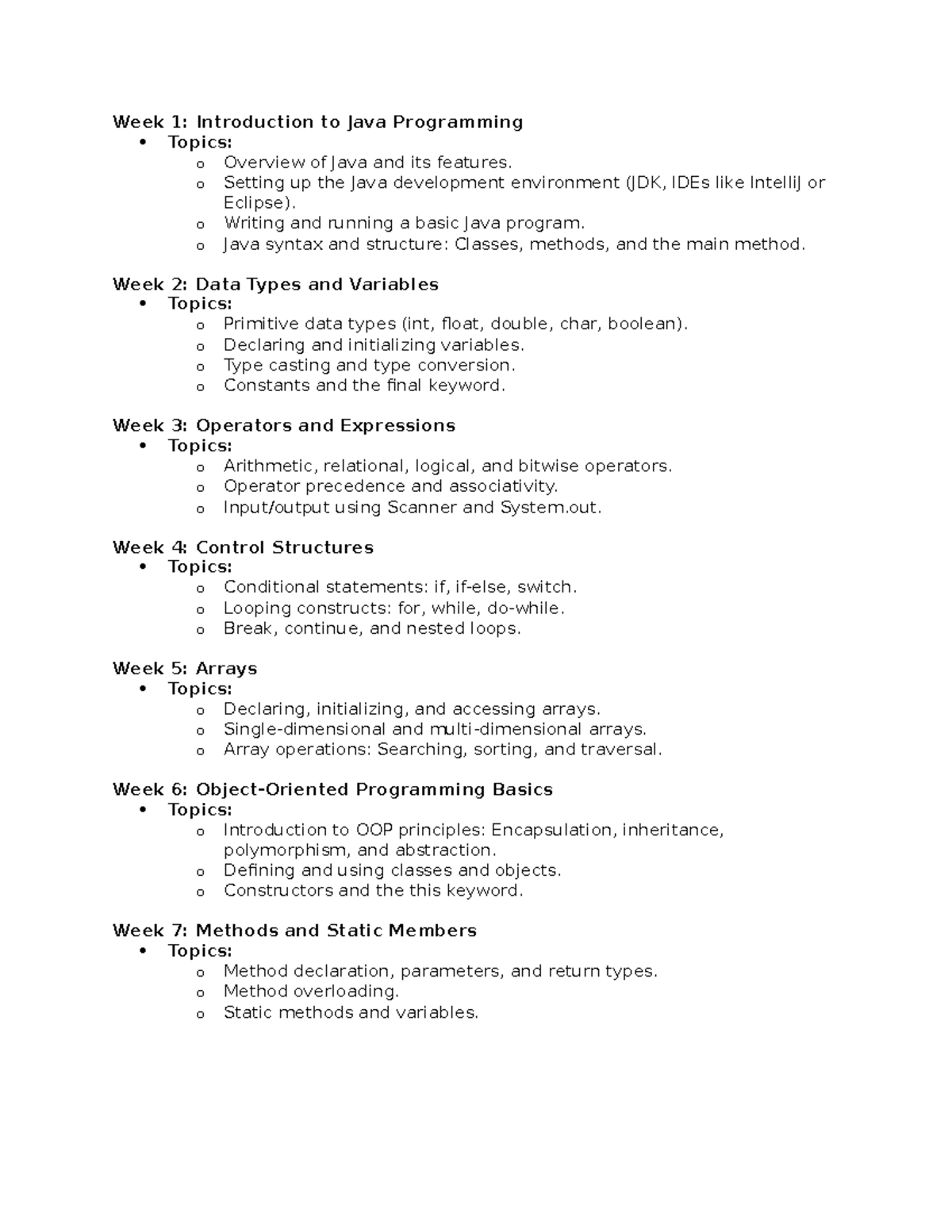 INT-PRG 101: Java Programming Basics - Weeks 1 to 13 Overview - Studocu