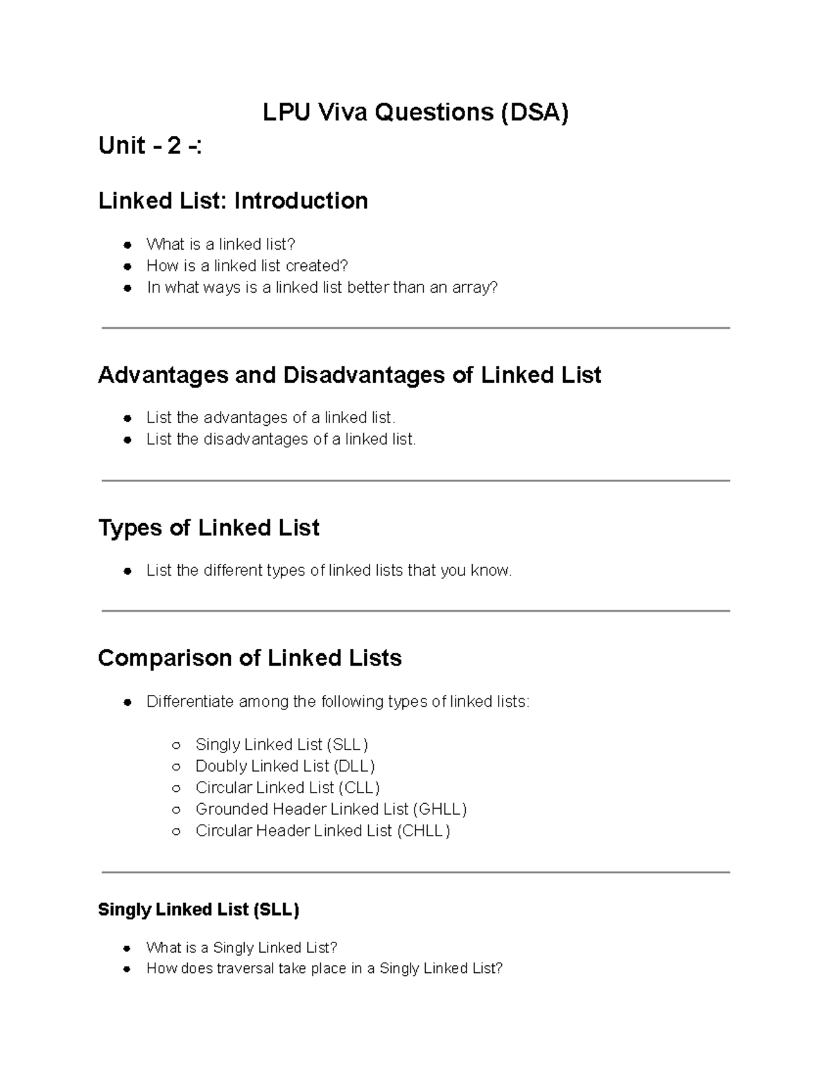LPU DSA Viva Questions: Unit 2 Linked Lists Overview - Studocu