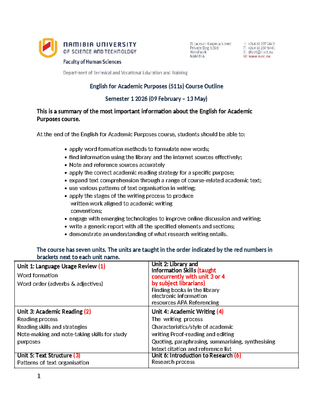 EAP 511s Course Outline: Semester 1 2026 Overview and Units - Studocu