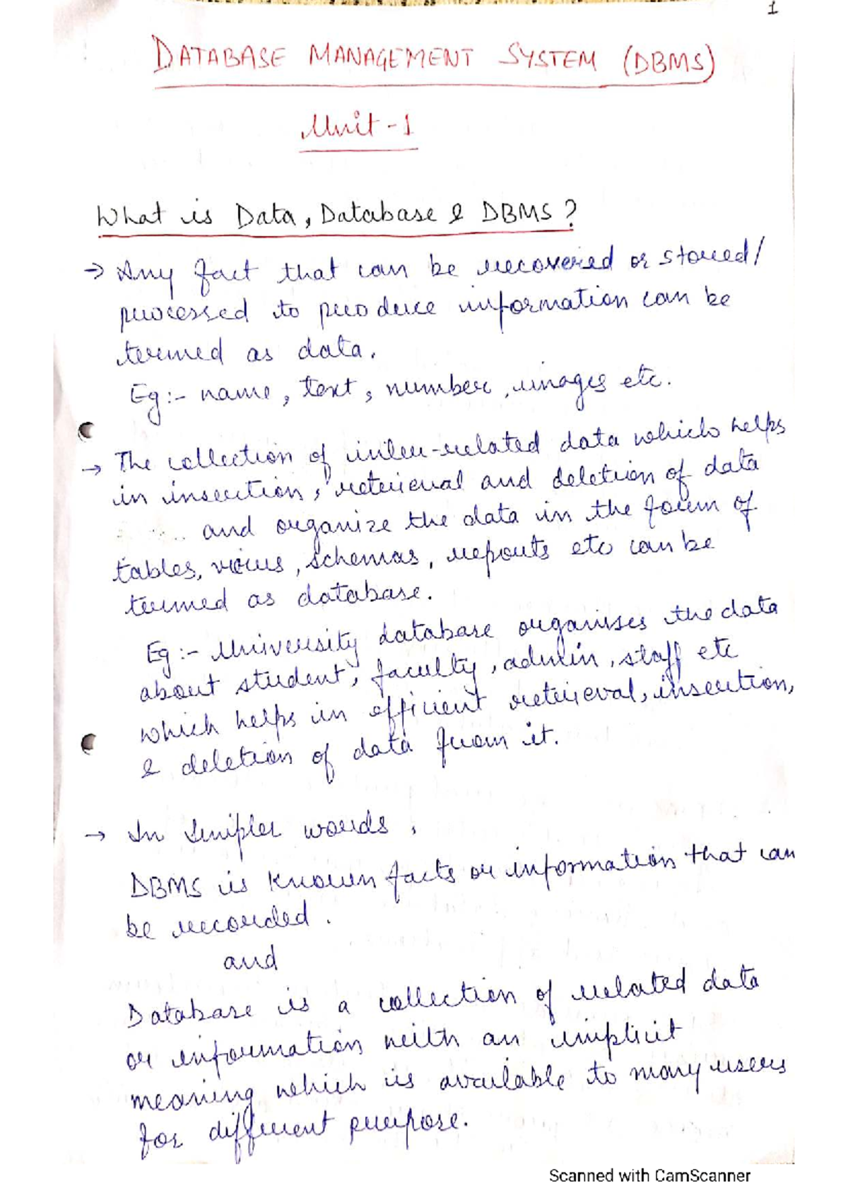 Dbms-unit-1 - Dbms notes - 1 DATABASE MANAGEMENT SYSTEM (DBMS) What is ...