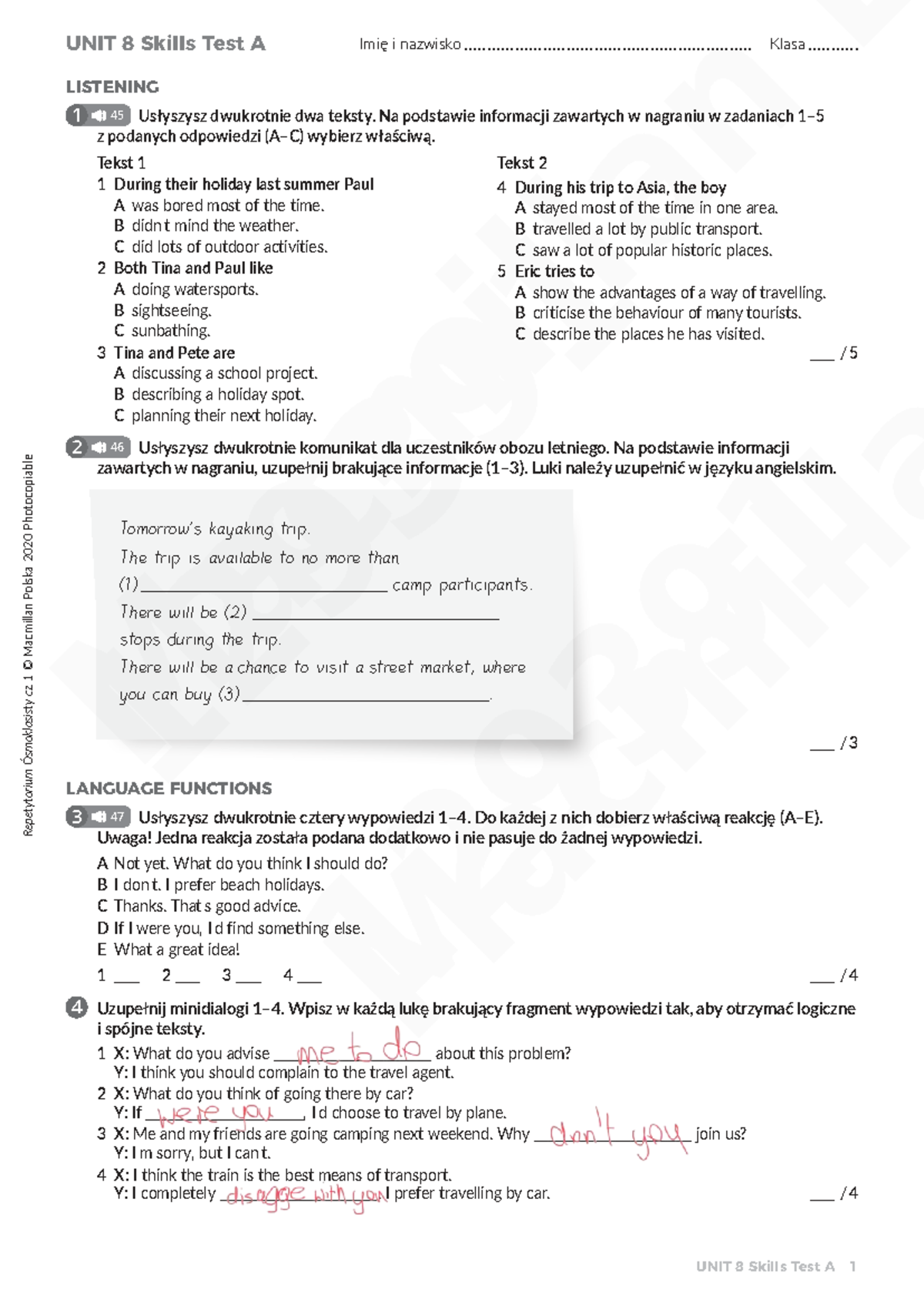 Unit 8 Skills Test A - Listening and Reading Comprehension Exercises ...