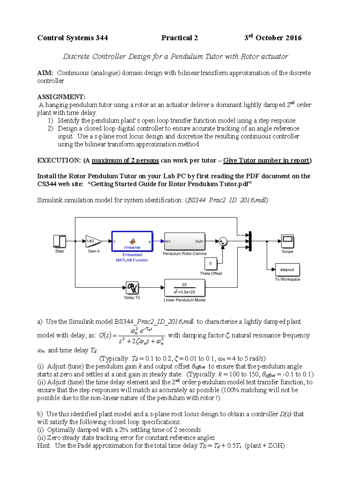 BS344 Prac3 - Discrete Controller Design for Pendulum Tutor - Studocu