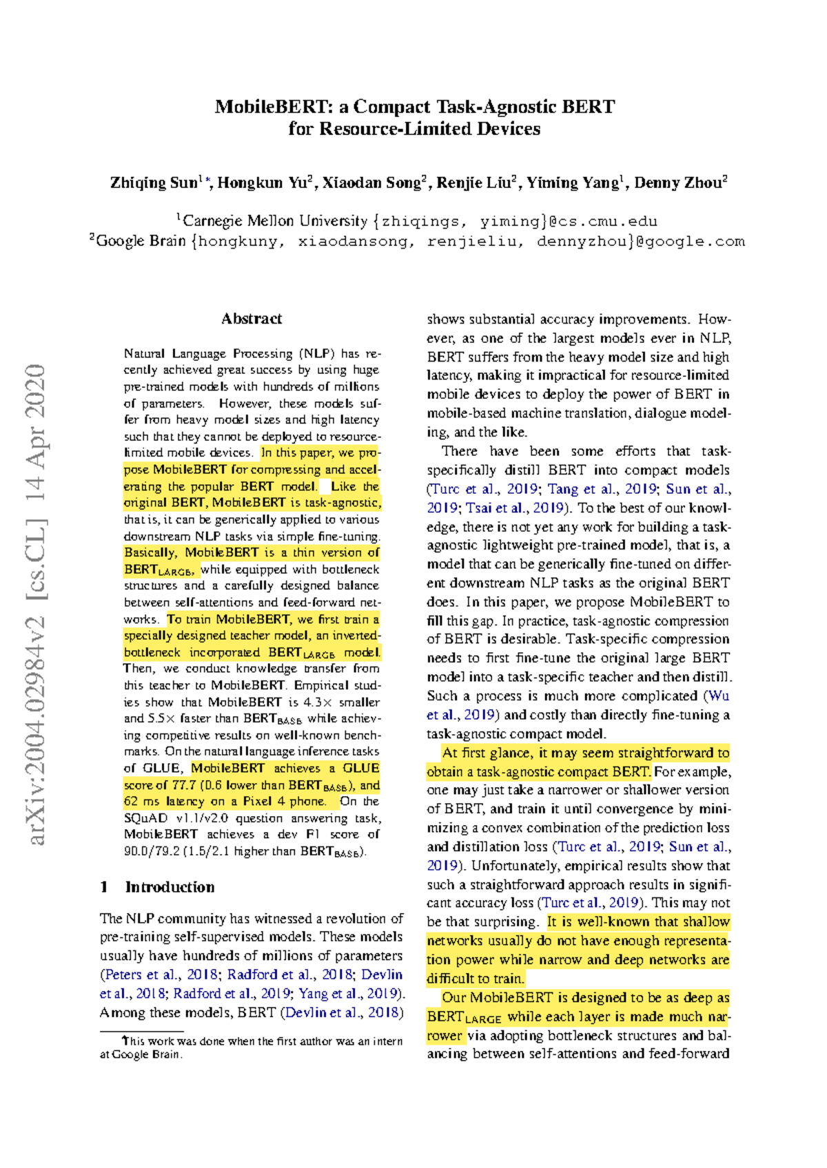 MobileBERT: A Compact BERT Model for Efficient NLP on Mobile Devices ...