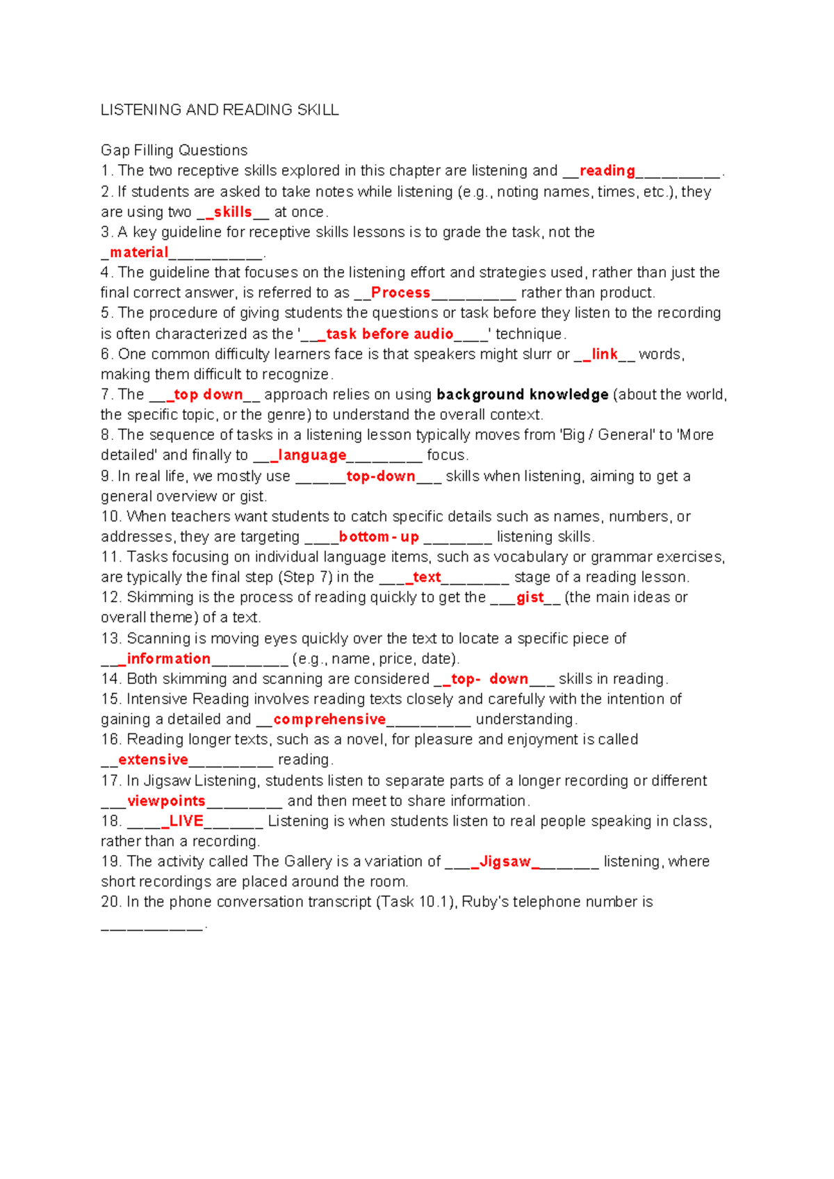 Listening and Reading Skills: Gap Filling Questions (ENG101) - Studocu