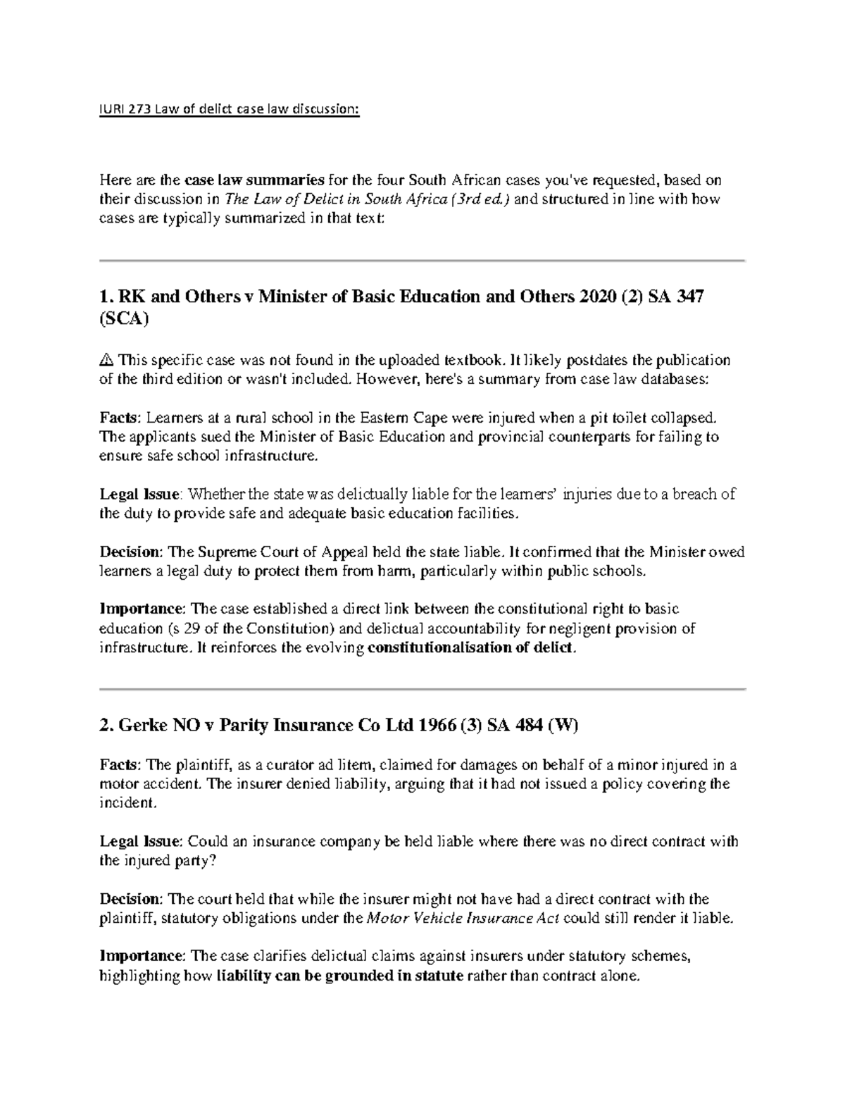 IURI 273 Case Law Summaries on South African Delict Law - Studocu