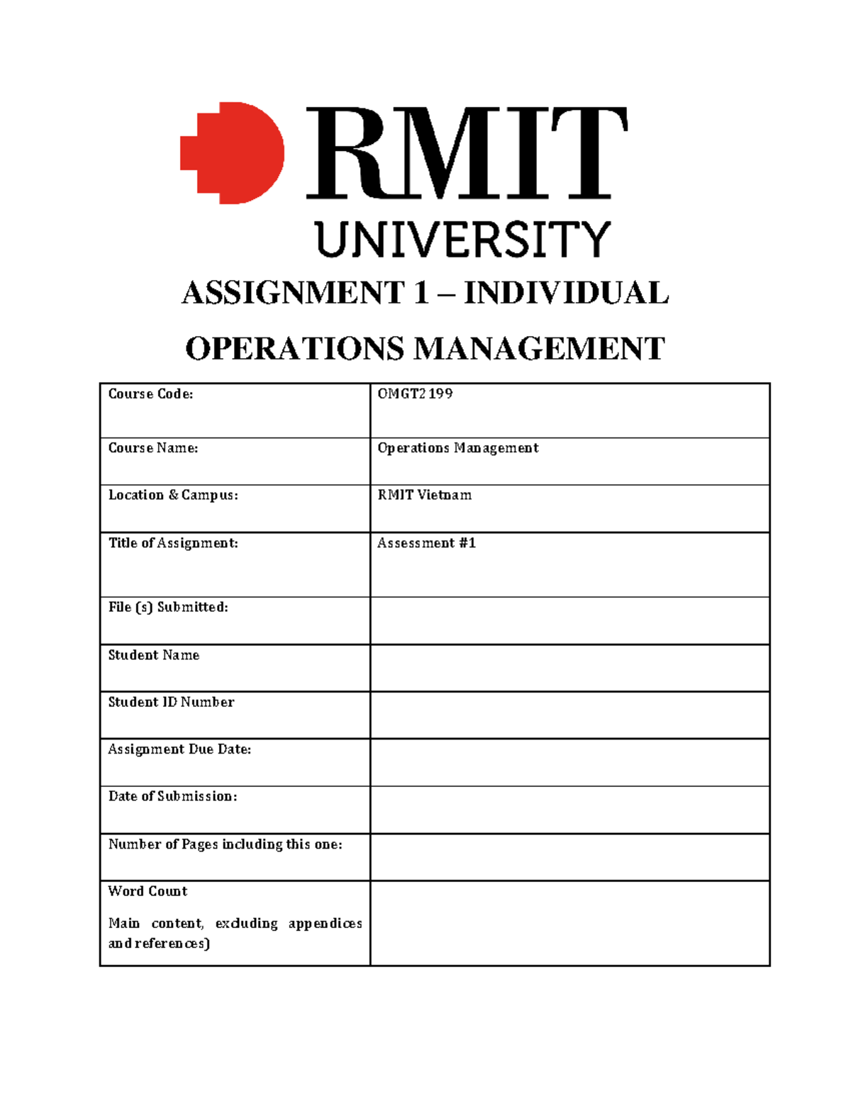 (Sample HD) Assignment-1 Individual Operations Management OMGT2199 RMIT ...