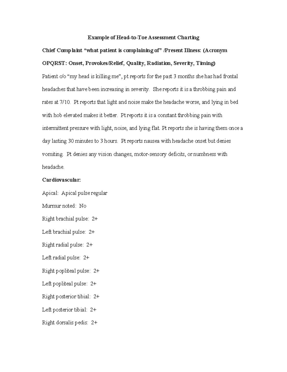 Head-to-Toe Assessment Charting Example - Skills Evaluation - Studocu