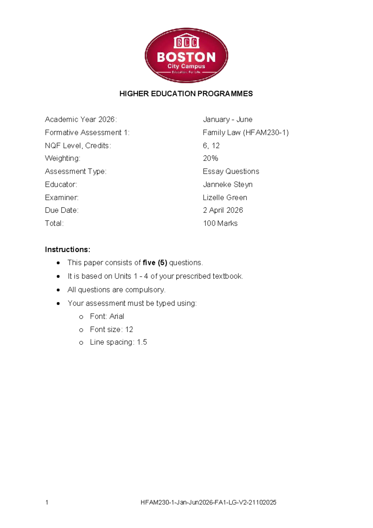 HFAM230 Jan-Jun 2026 FA1: Family Law Essay Assessment - Studocu