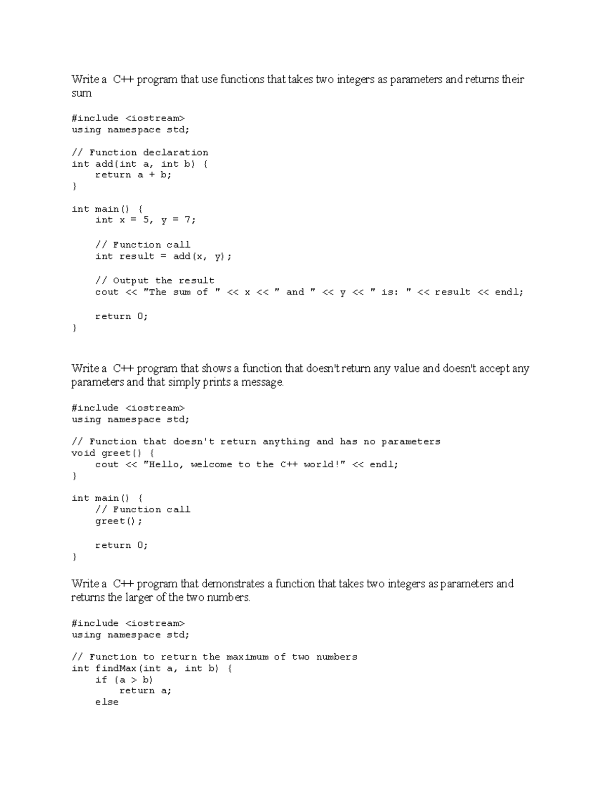 C++ Functions: Sum, Greet, and Max Value Demonstrations - Studocu