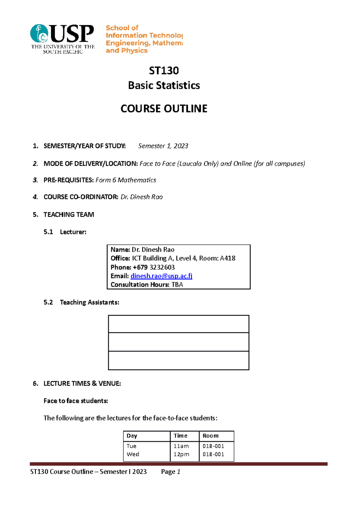 ST130 Basic Statistics Course Outline - Semester 1, 2023 - Studocu