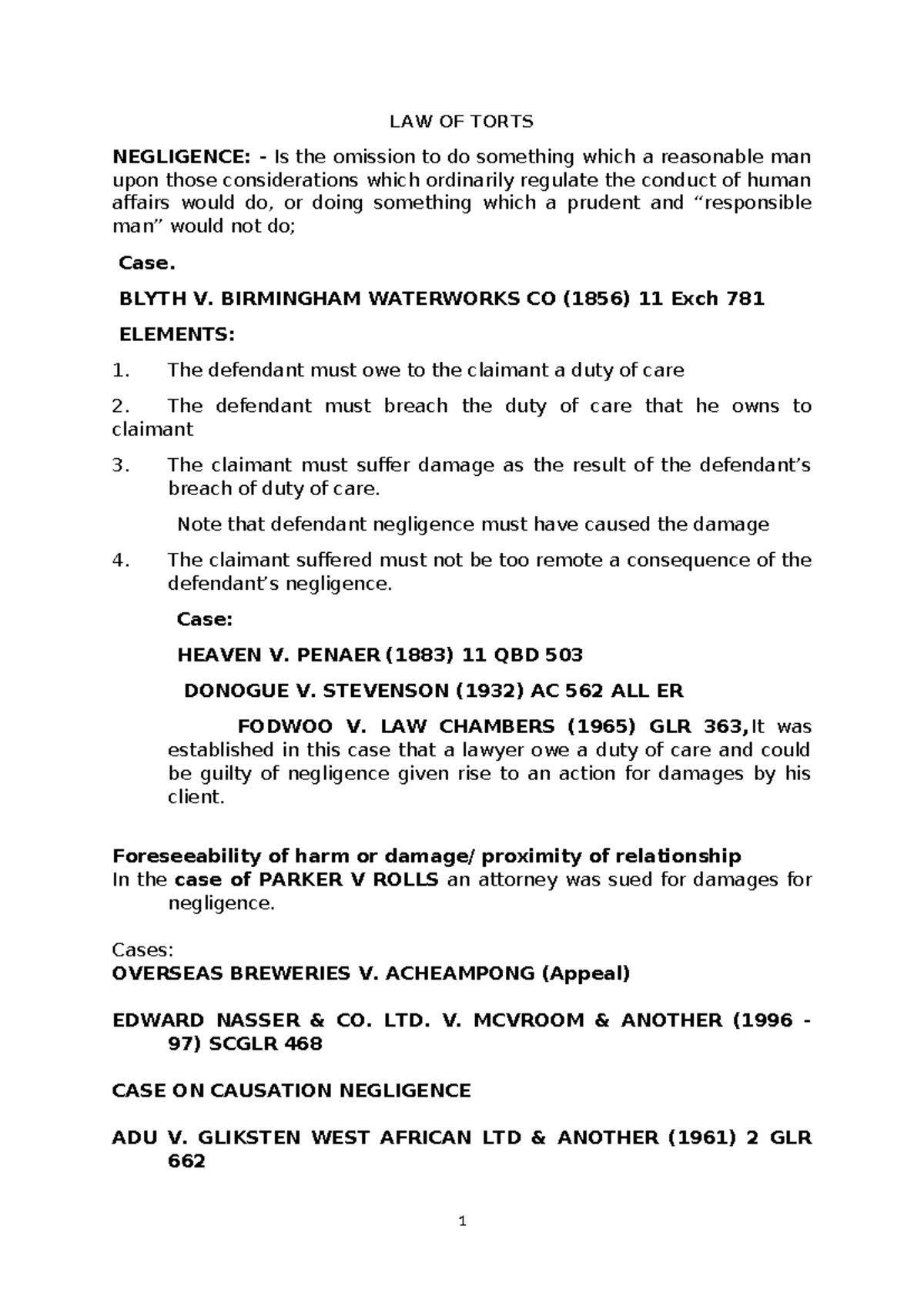 LAW 101: Comprehensive Notes on Torts, Negligence, and Case Law - Studocu