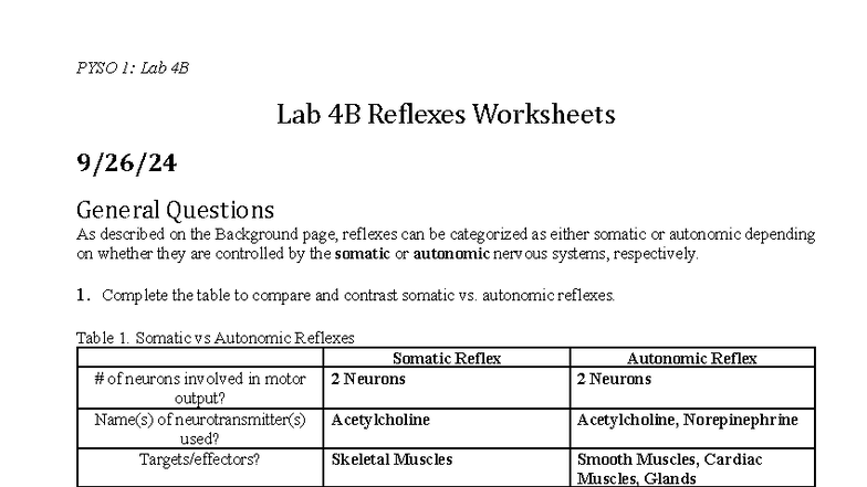 PYSO 1: Lab 4B Reflexes Worksheet and General Questions - Studocu