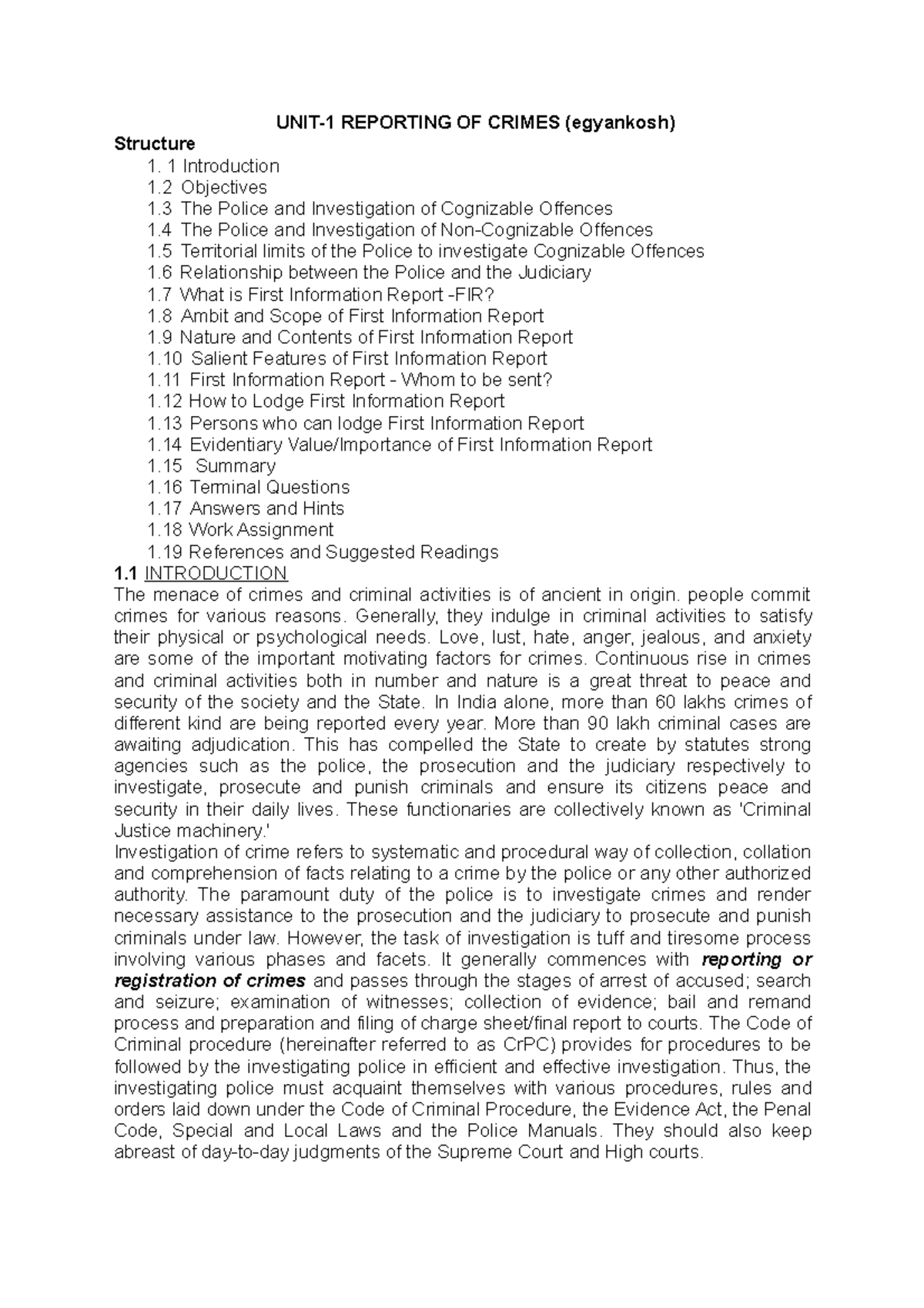 Unit 1 FIR - Detailed Lecture Notes on Crime Reporting and ...