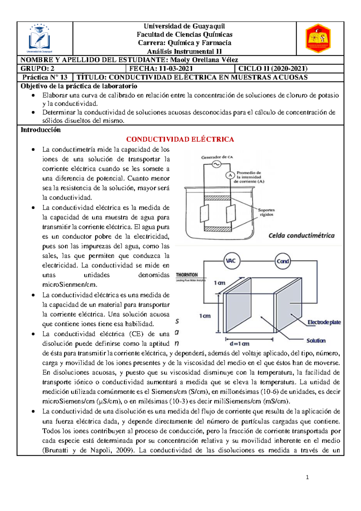 Práctica N° 13: Conductividad Eléctrica en Soluciones Acuosas - Análisis Instrumental II - Document Preview
