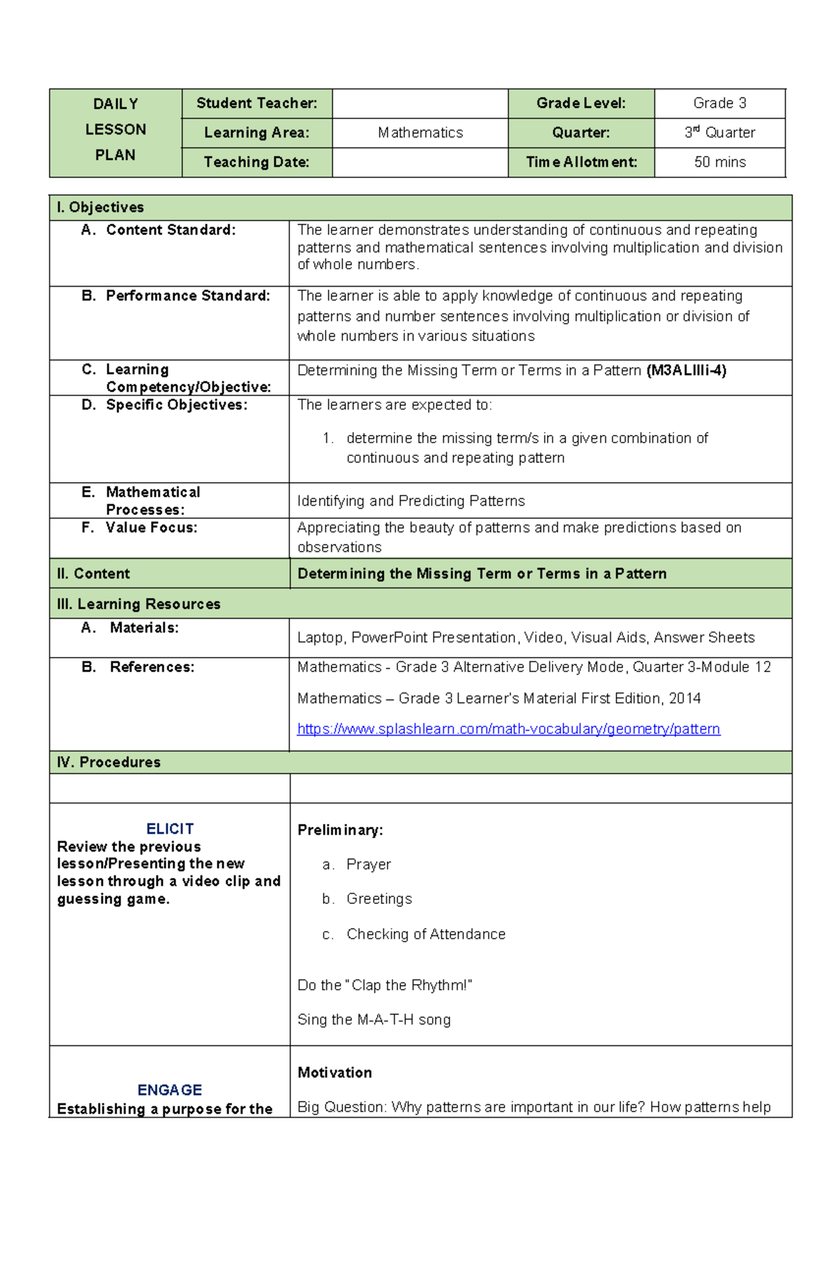 Lesson Plan Math Q3 Wk 8- Final - DAILY LESSON PLAN Student Teacher ...