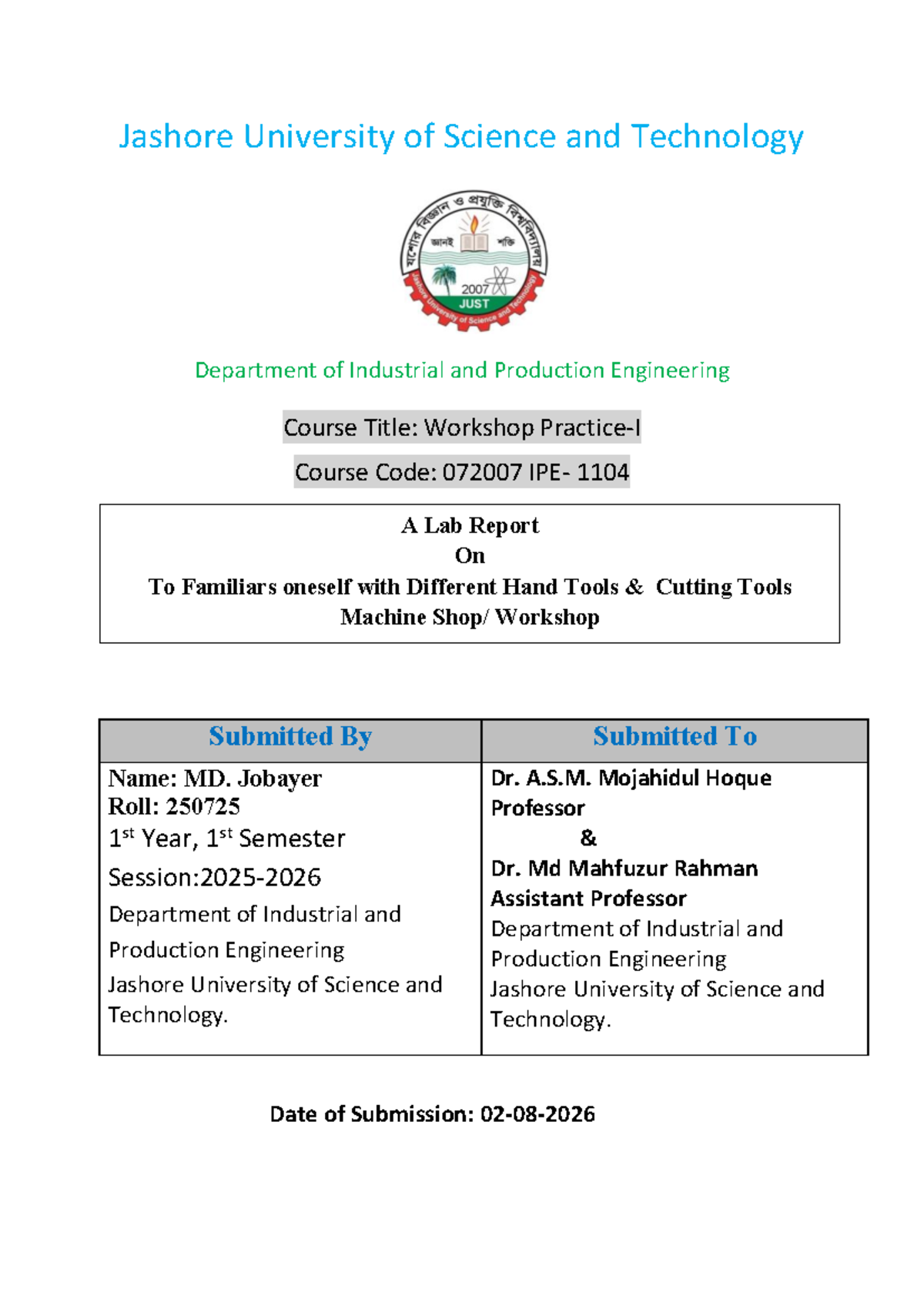 Ipe 1-1 lab 06 lab - I want to do tutorial - Jashore University of ...