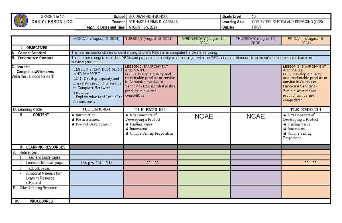 DLL ICT 10 1ST Quarter Lesson Plan - Week 6 on Computer Systems - Studocu
