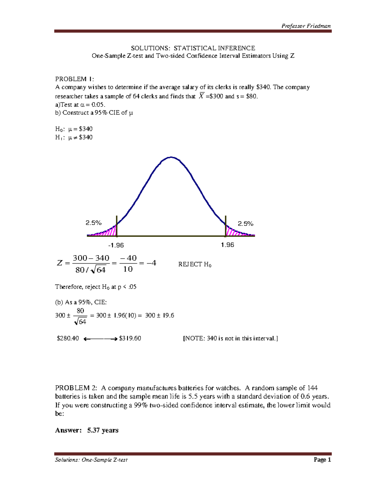 STAT 301: Solutions for Statistical Inference & CI Estimators - Studocu