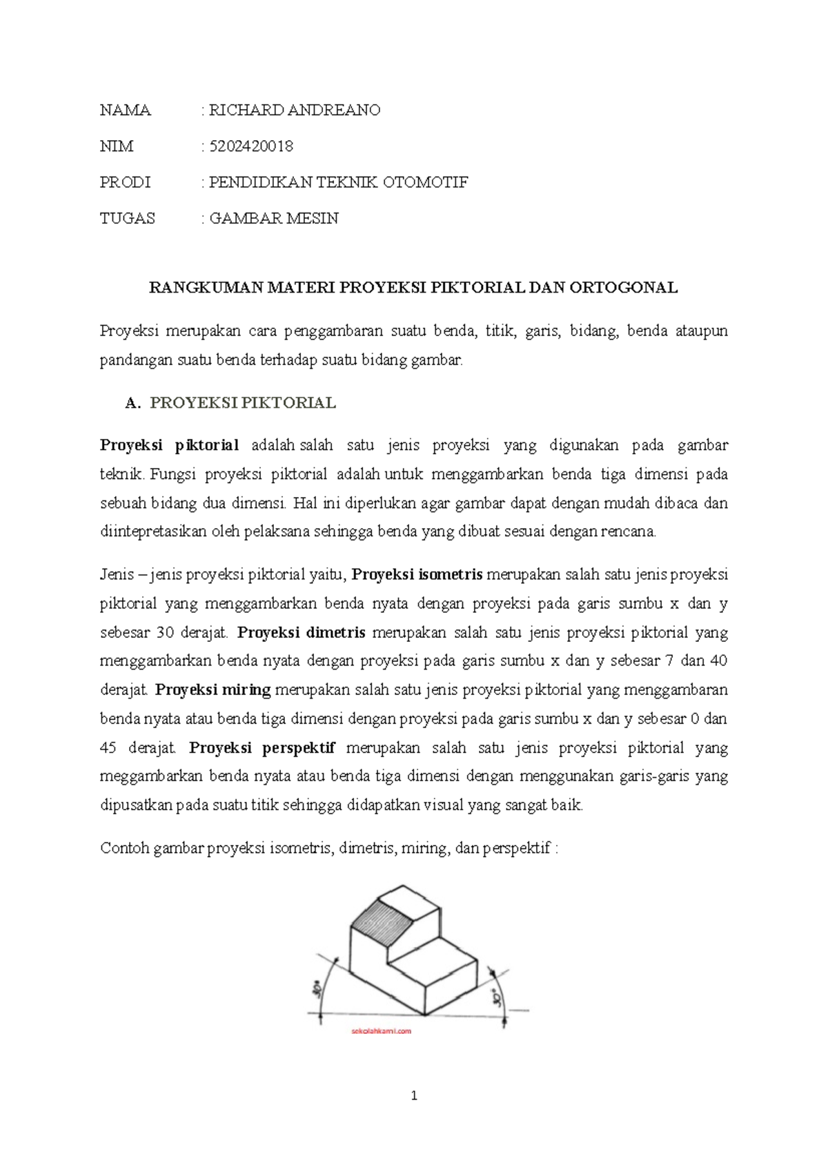 Tugas Gambar Teknik Proyeksi Piktorial dan Orthogonal (PTO 5202420018 ...
