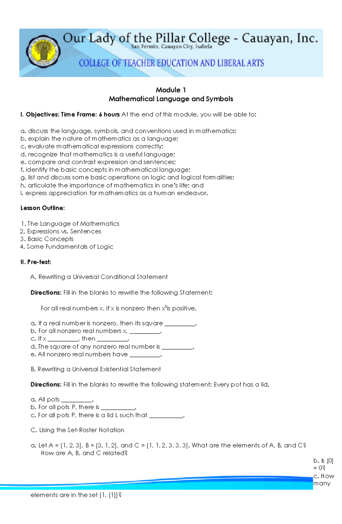 Module-1 Mathematical Language and Symbols - Objectives: Time Frame: 6 ...