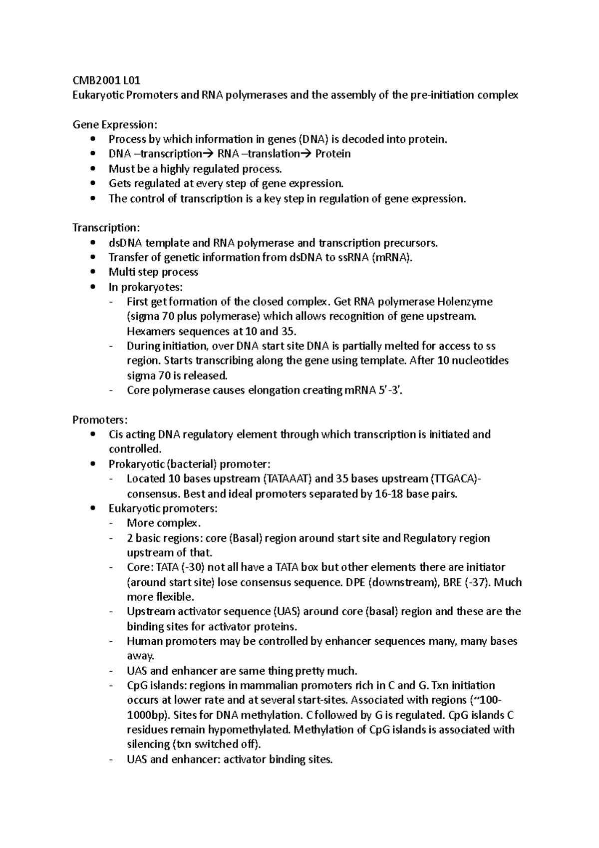 CMB2001 L01 - Lecture notes 1 - CMB2001 L Eukaryotic Promoters and RNA ...