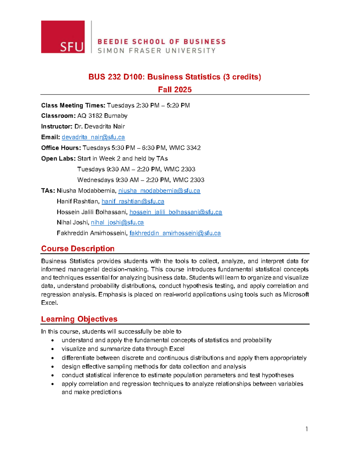 BUS 232 D100: Business Statistics Course Outline - Fall 2025 - Studocu