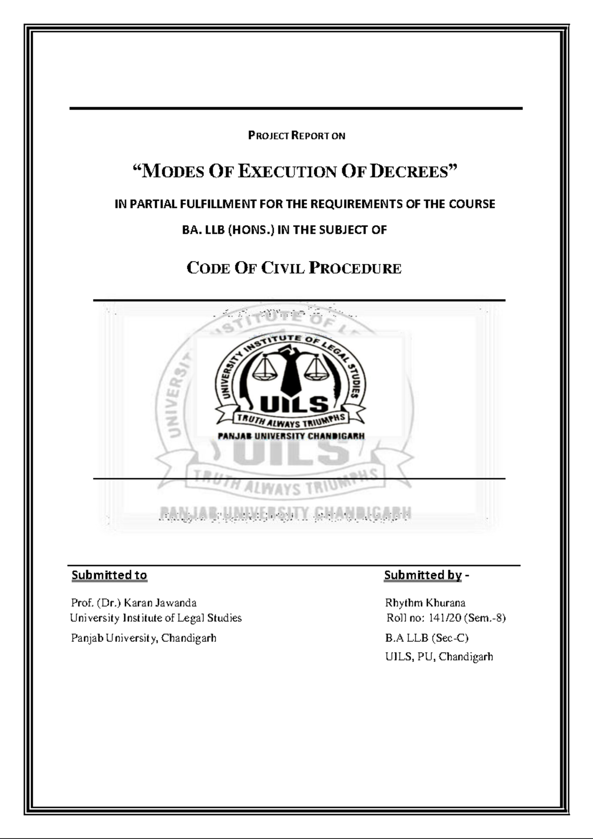 BA LLB (HONS) Project Report on Modes of Execution of Decrees - Studocu
