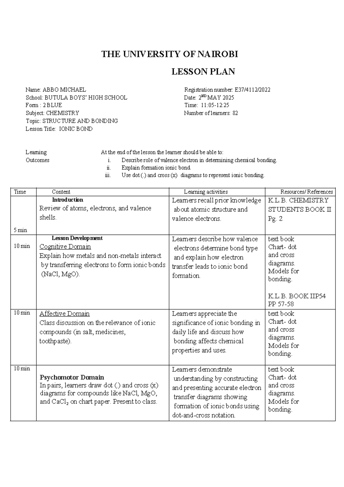 LSNP 1 CHEM - ELITE: Lesson Plan on Ionic Bonding for Form 2 Blue - Studocu