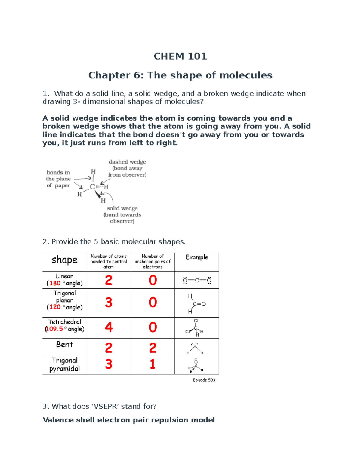 CHEM 101 - Chapter 6: Molecular Shapes and VSEPR Theory Overview - Studocu