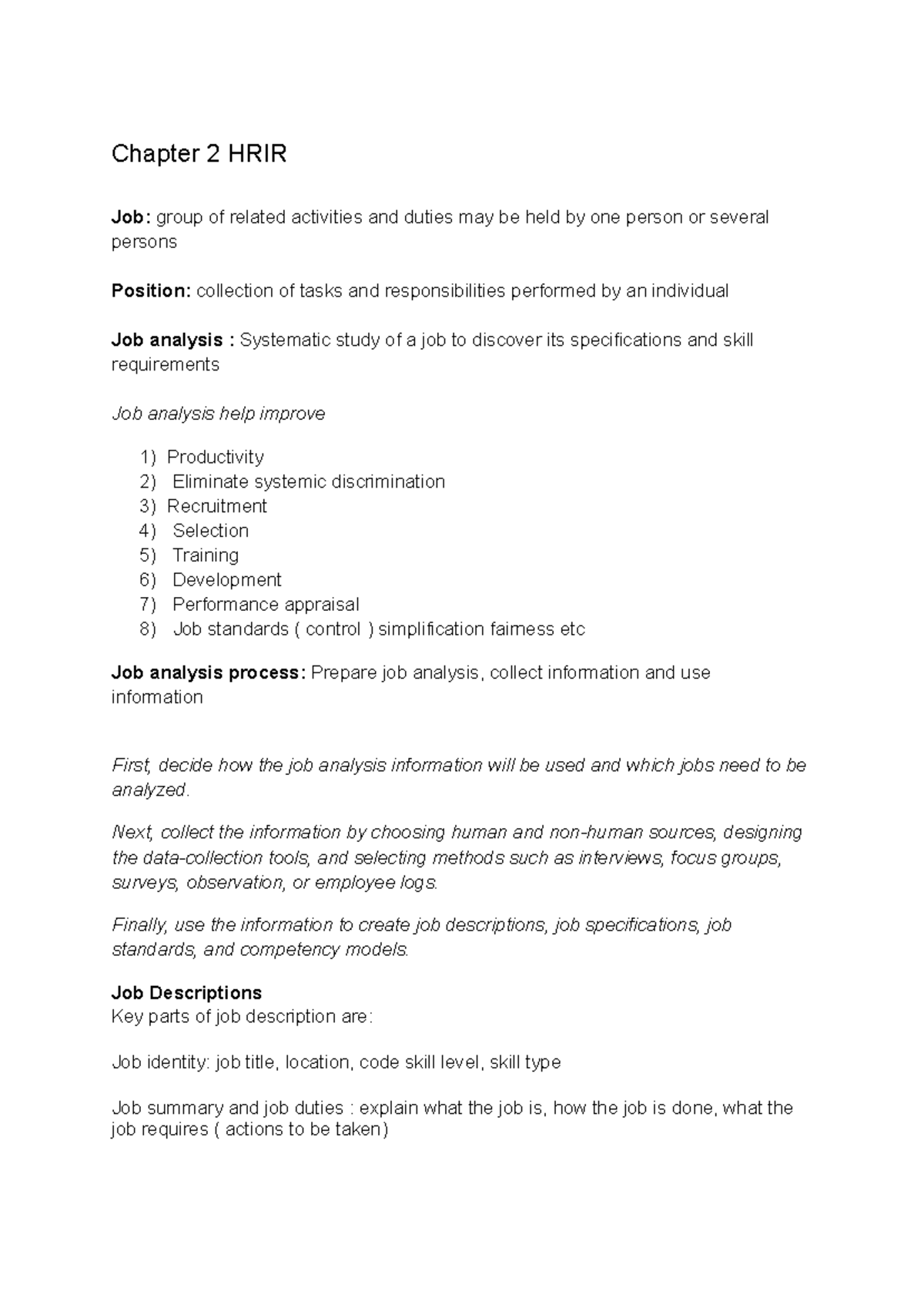 Chapter 2 HRIR: Understanding Job Analysis and Descriptions - Studocu
