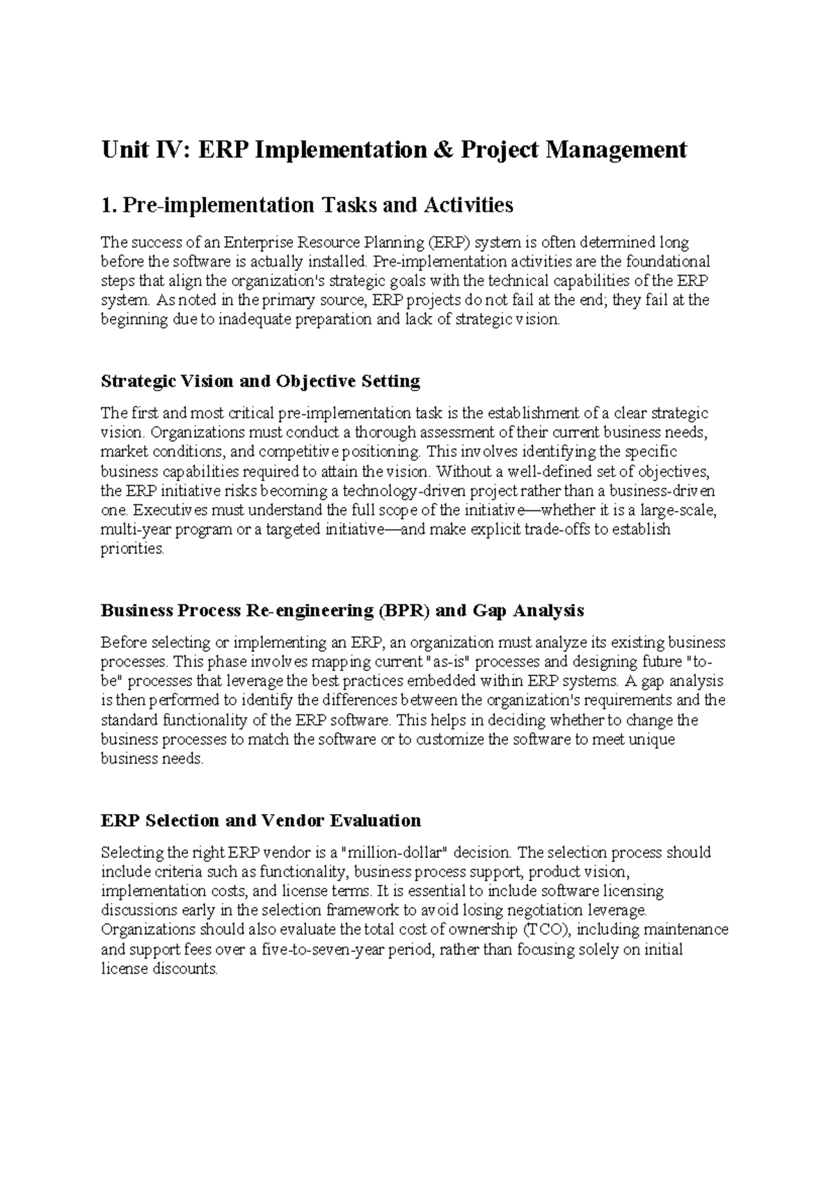Unit IV: ERP Implementation Project Management Notes - Studocu