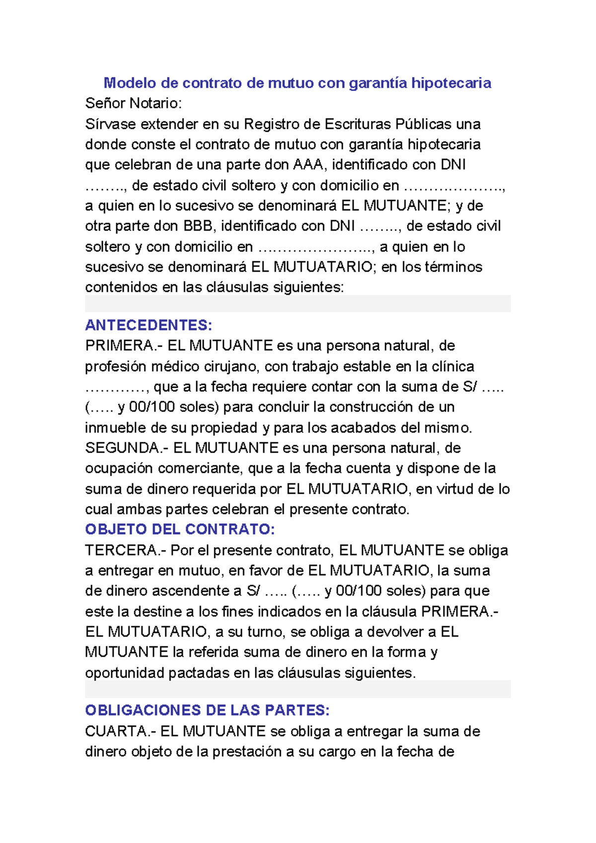 Modelo de Contrato de Mutuo con Garantía Hipotecaria - Studocu