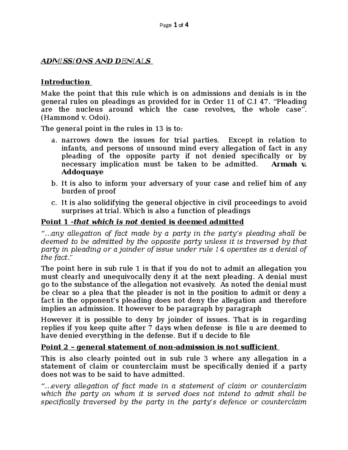 C.I 47 Admissions & Denials: Rules on Pleadings Explained - Studocu