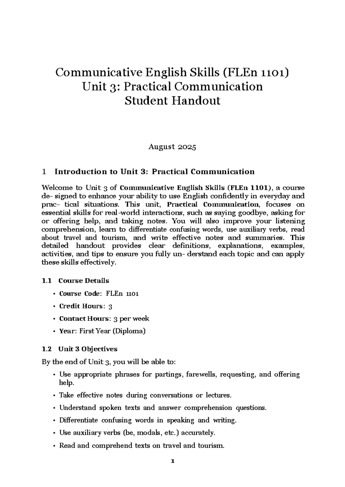 Communicative English Skills (FLEn 1101) Unit 3: Practical ...