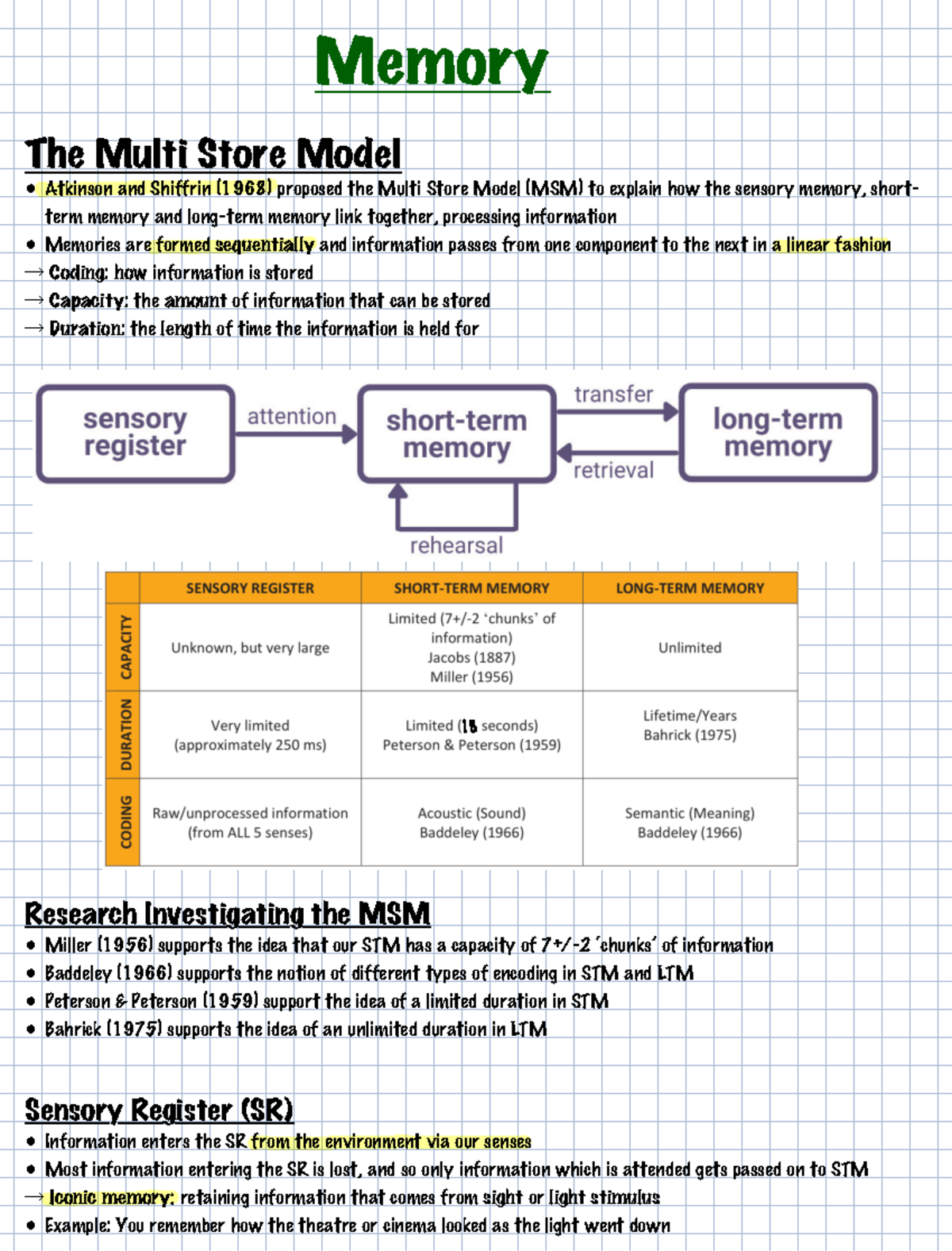 Memory Notes - Year 1 AS: Multi Store & Working Memory Models - Studocu