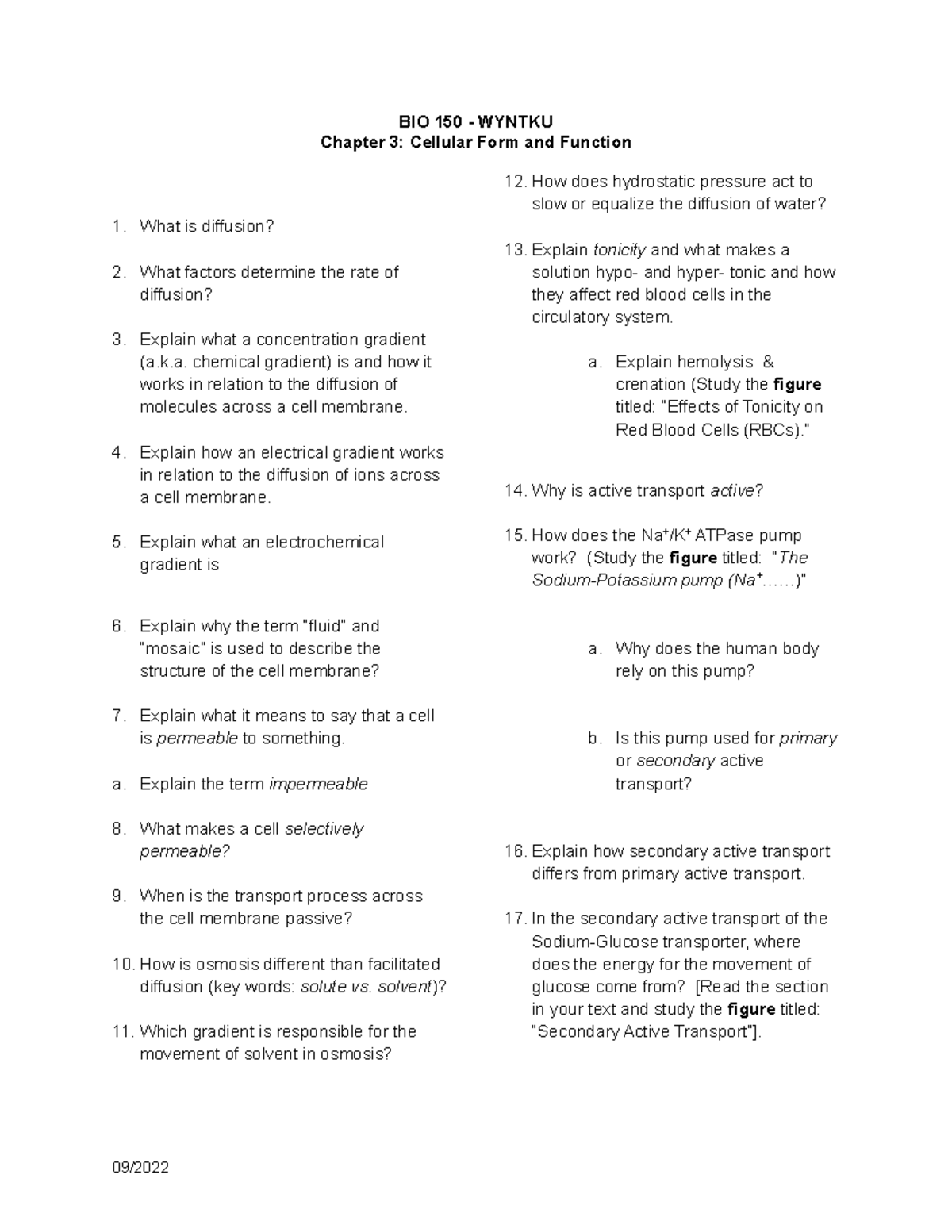 BIO 150 Chapter 3 - Cellular Form & Function Study Guide - Studocu