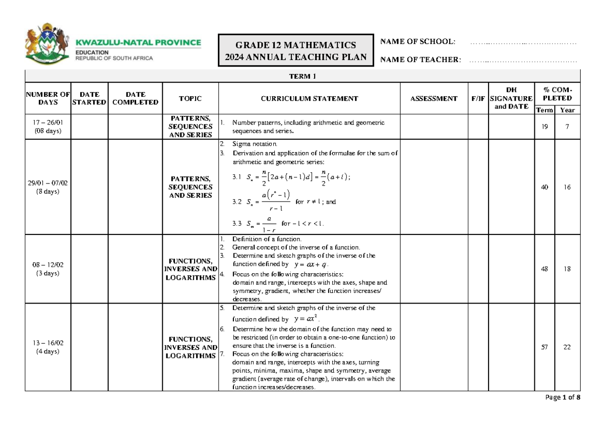 Grade 12 Mathematics Annual Teaching Plan (ATP) 2024 Overview - Studocu