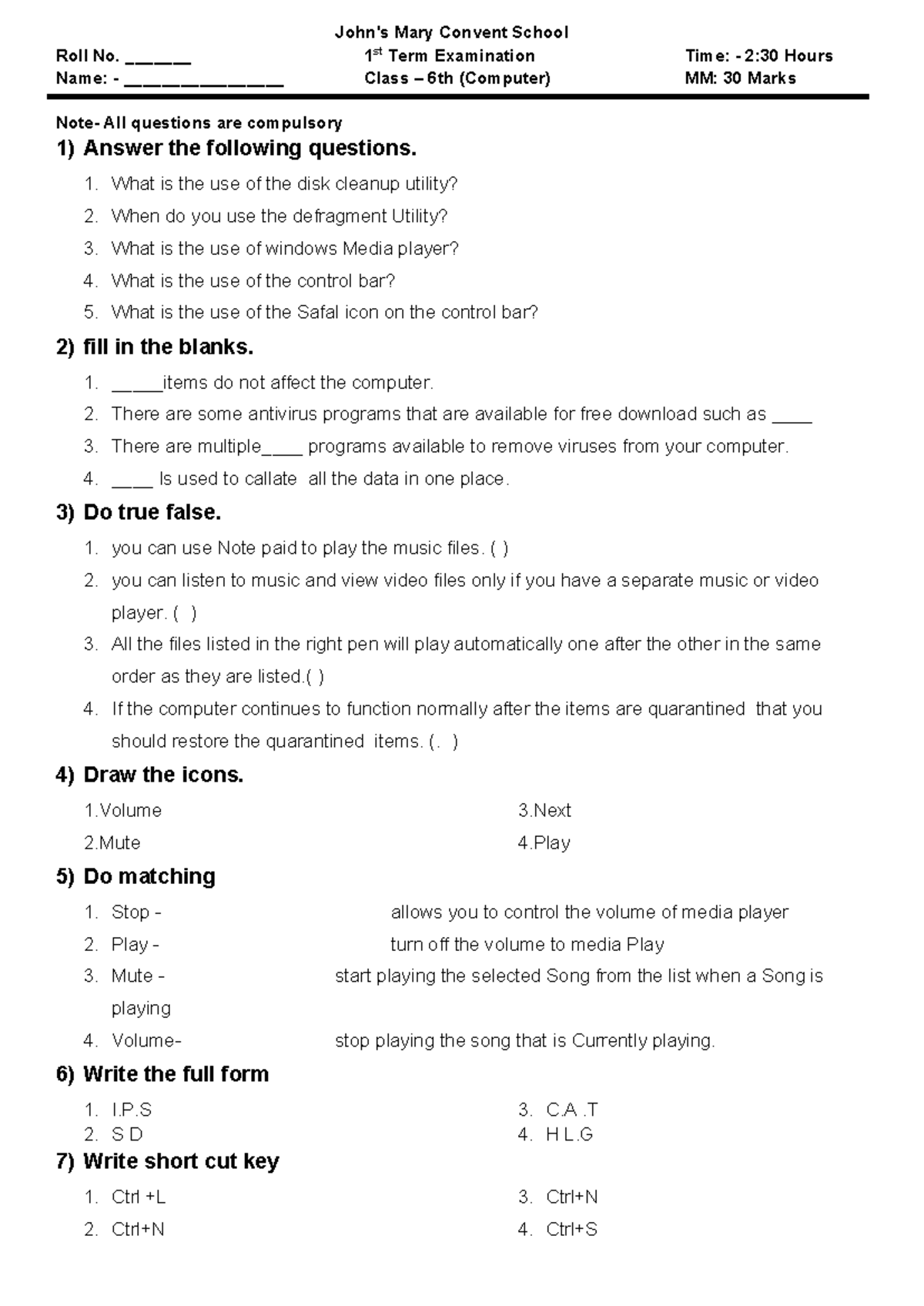 Class 6 Computer 1st Term Exam Questions & Answers - Studocu
