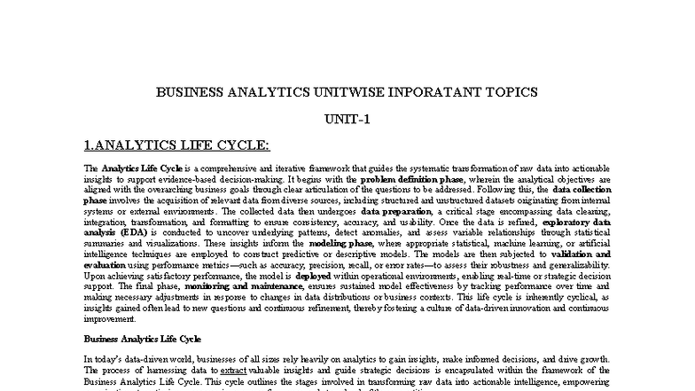 BUSINESS ANALYTICS (BA) UNITWISE IMPORTANT TOPICS AND FRAMEWORKS - Studocu