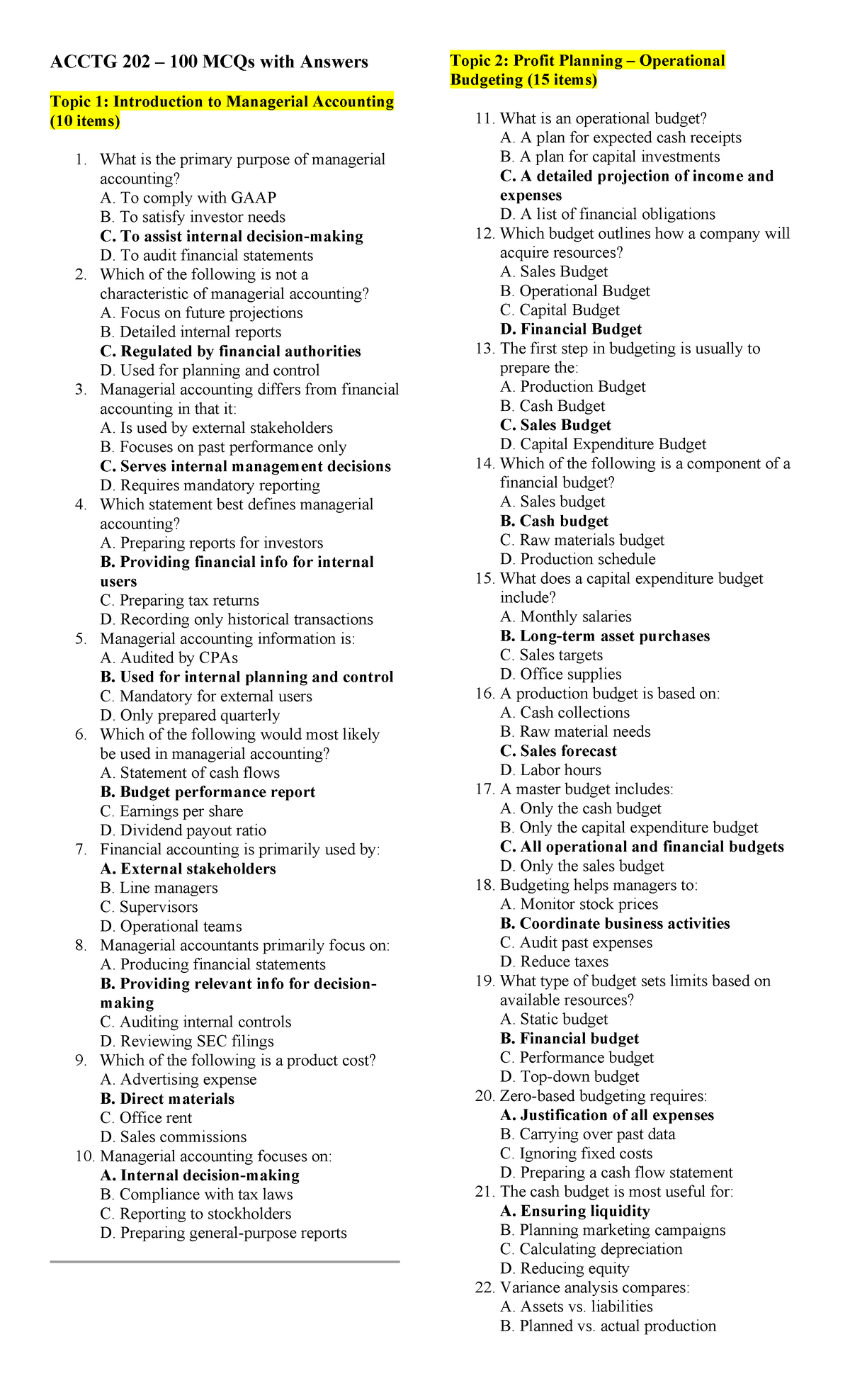 ACCTG 202: MCQs with Answers on Managerial Accounting Topics - Studocu