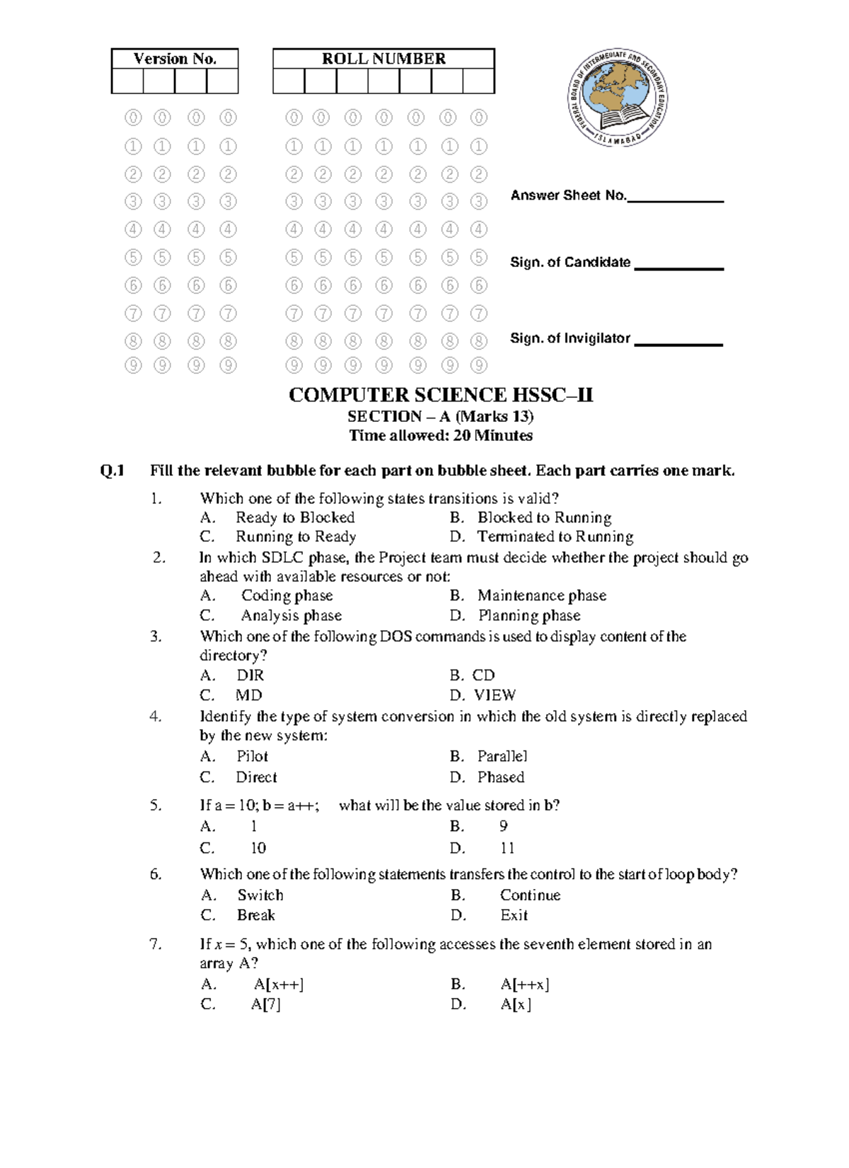587738 Final HSSC-IIModel Paper Computer Science - Answer Sheet No ...