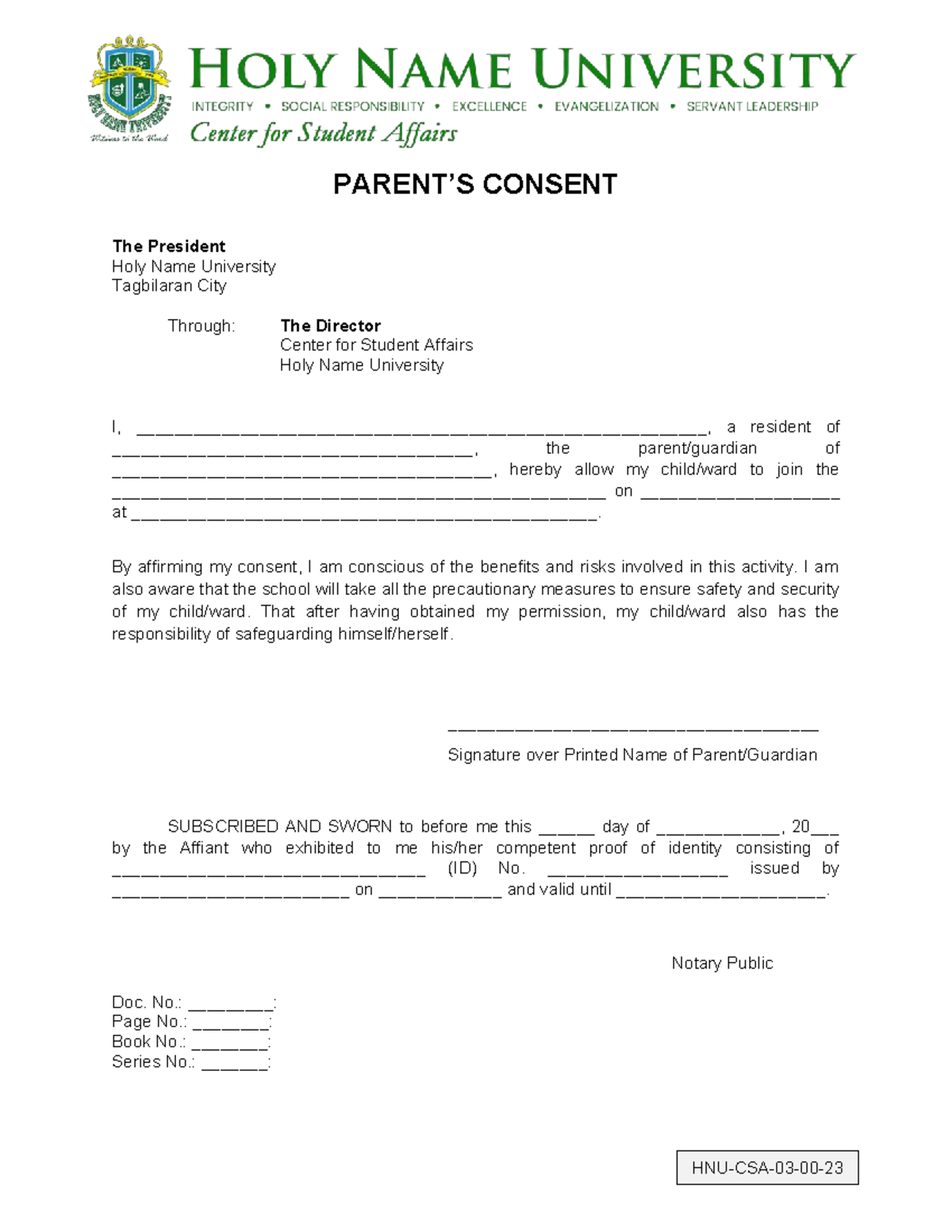 HNU-CSA-03-00-23 Parents Consent Form for Student Activities - Studocu