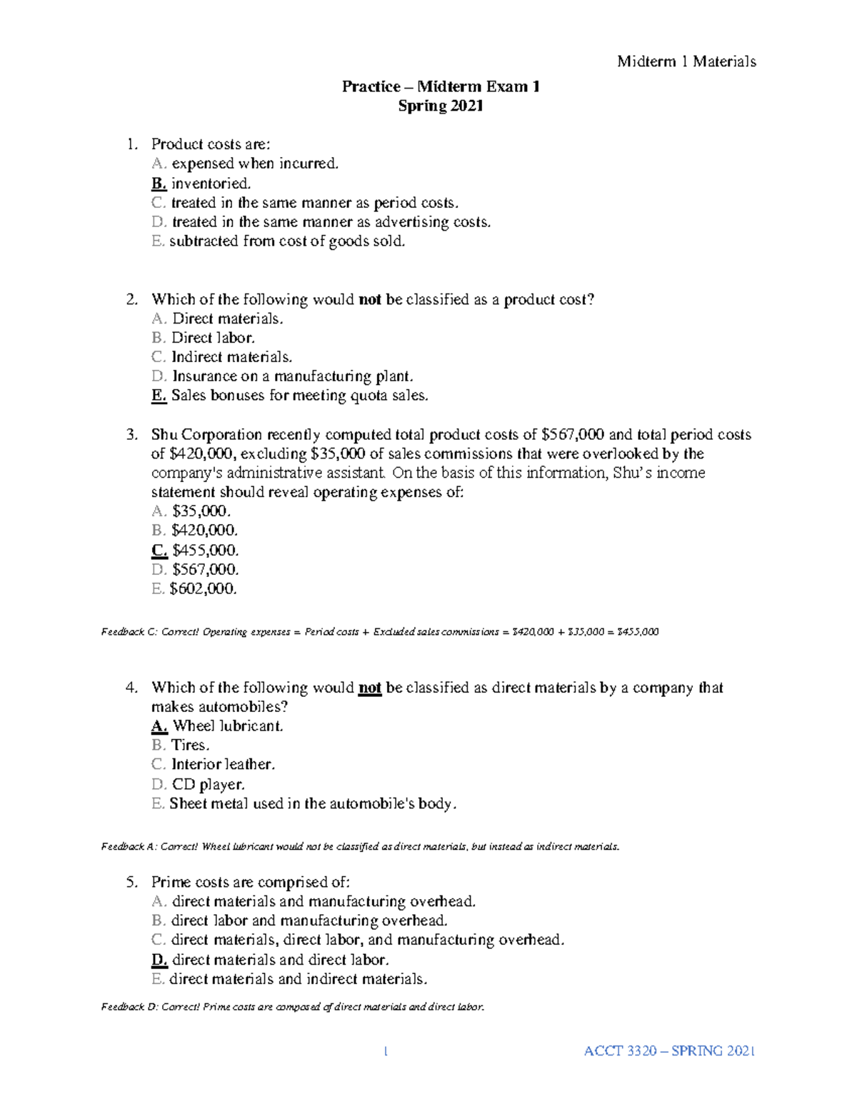 Midterm Exam 1 Practice + Answers ACCT 101 Spring 2021 - Studocu