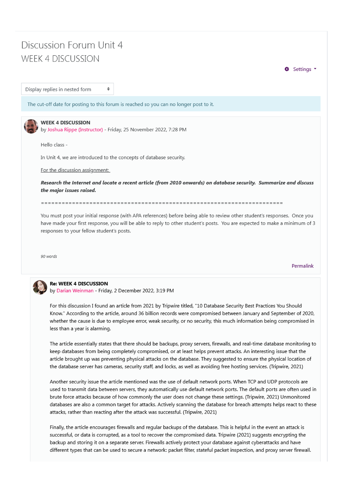 Revised Discussion Forum Unit 4 on Database Security - CS 3306 - Studocu