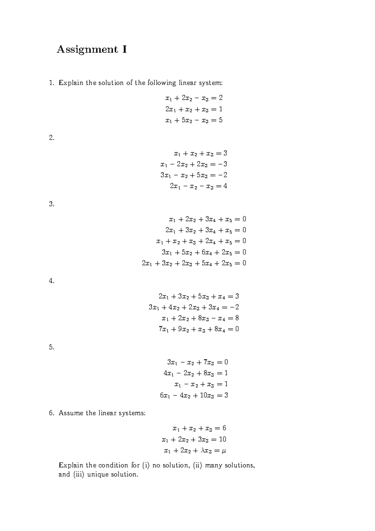 Linear Systems Solutions - Assignment I (MATH 125) - Studocu