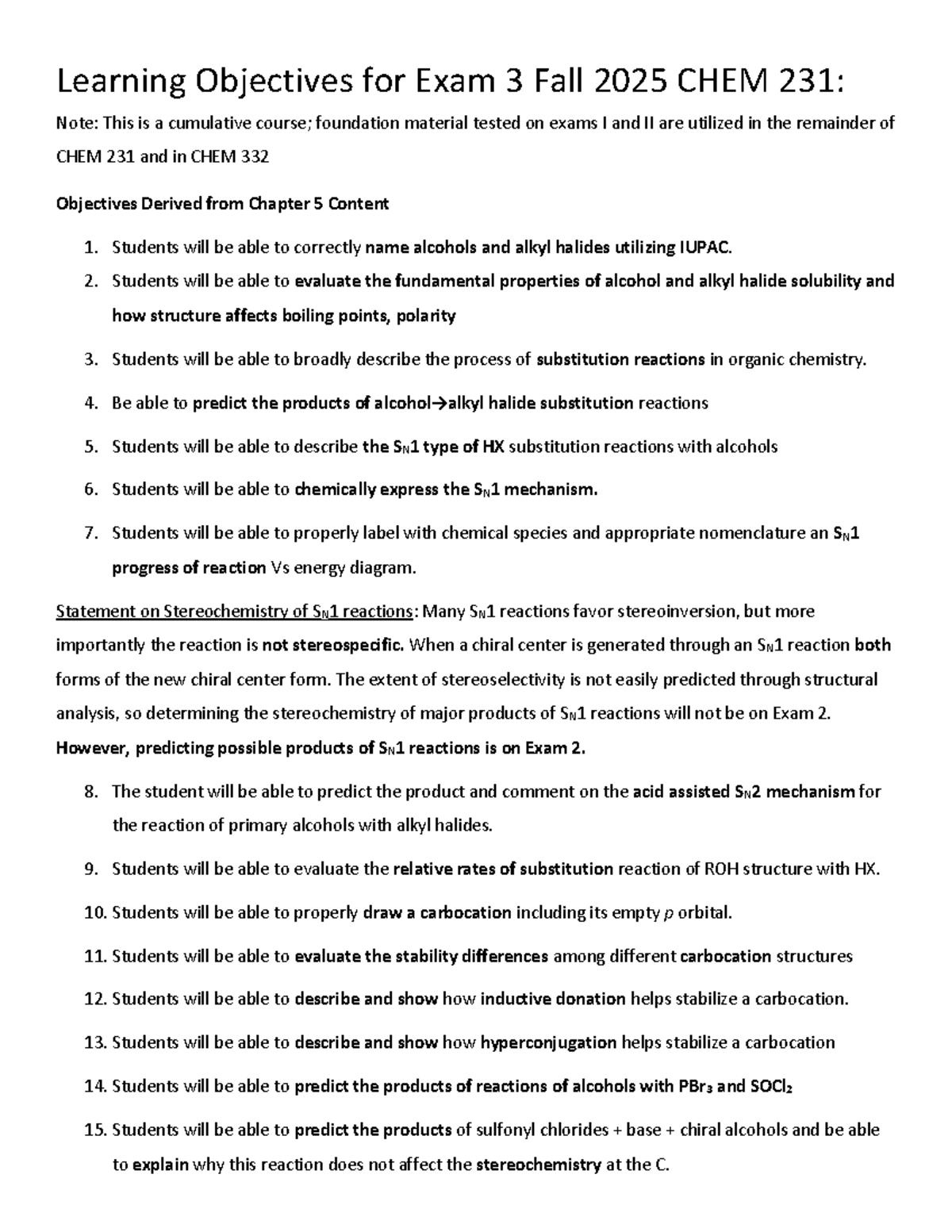 Learning Objectives for Exam 3: CHEM 231 Chapters 5-7 Fall 2025 - Studocu