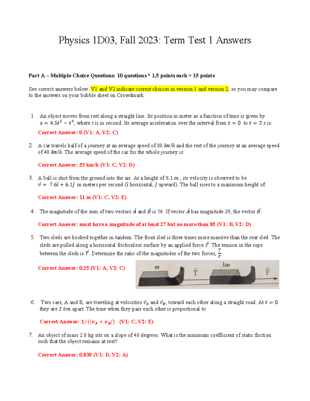 Test 1 Solutions for Students - Physics 1D03, Fall 2023: Term Test 1 ...